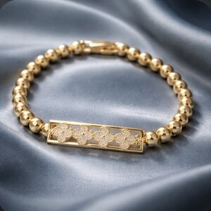 Gold Beaded Bracelet with Pavé Flower Bar - Women's Jewelry